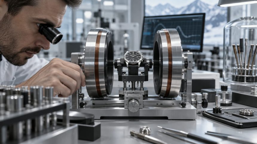Laboratoire de test antimagnétique pour montres mécaniques, photographie éditoriale