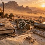 Équipement horloger dans un environnement désertique, photographie éditoriale