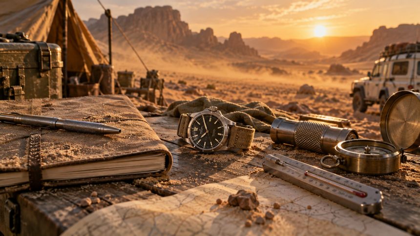 Équipement horloger dans un environnement désertique, photographie éditoriale