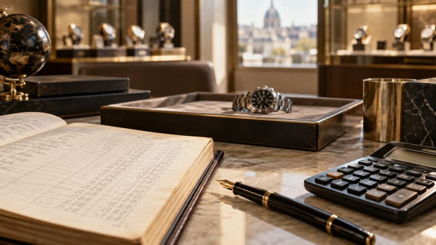 Registre de prix dans une boutique horlogère haut de gamme, photographie éditoriale